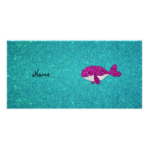 Personalized name pink glitter whale turquoise photo card template