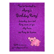 Personalized name pink koala purple glitter custom invite