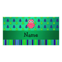 Personalized name pink owl green christmas trees photo cards