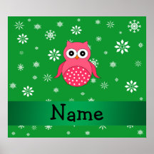 Personalized name pink owl green snowflakes poster
