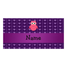 Personalized name pink owl purple hearts customized photo card