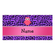 Personalized name pink owl purple leopard photo card