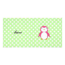 Personalized name pink penguin green polka dots picture card