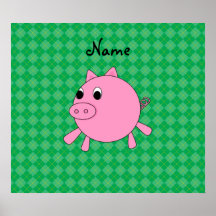 Personalized name pink pig green argyle poster