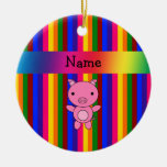 Personalized name pink pig rainbow stripes christmas tree ornaments