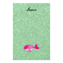 Personalized name pink whale green glitter stationery design