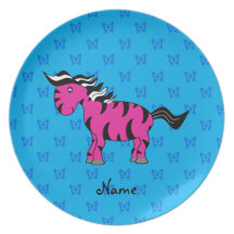 Personalized name pink zebra blue butterflies party plates