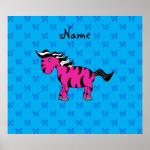 Personalized name pink zebra blue butterflies poster