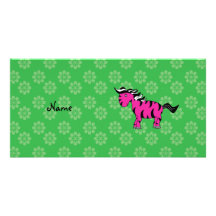 Personalized name pink zebra green flowers personalized photo card