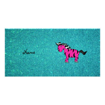 Personalized name pink zebra turquoise glitter photo greeting card