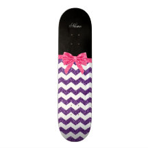 Personalized name purple glitter chevrons pink bow custom skate board