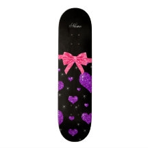 Personalized name purple glitter hearts pink bow custom skate board