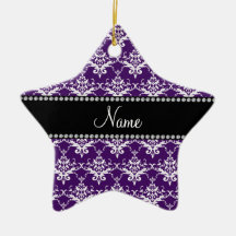 Personalized name purple white damask ornaments