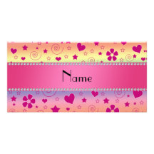 Personalized name rainbow pink flowers hearts star photo greeting card