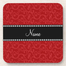 Personalized name red swirls beverage coaster