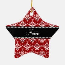 Personalized name red white damask christmas ornaments