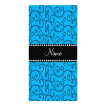 Personalized name sky blue swirls personalized photo card