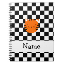 Personalized name tiger face black white checkers journals