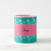 Personalized name turquoise flowers coffee mugs