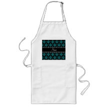 Personalized name turquoise glitter damask aprons