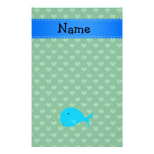 Personalized name turquoise whale green hearts stationery design