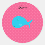 Personalized name turquoise whale pink polka dots round stickers