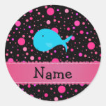 Personalized name turquoise whale pink polka dots round stickers