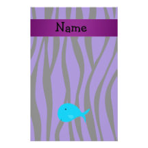 Personalized name turquoise whale purple zebra stationery paper