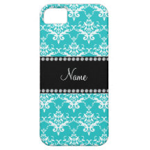 Personalized name turquoise white damask iPhone 5 covers