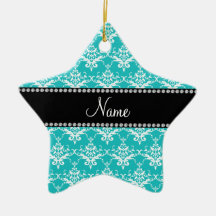 Personalized name turquoise white damask ornament