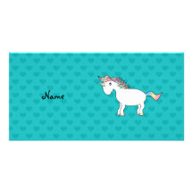 Personalized name unicorn turquoise hearts personalized photo card