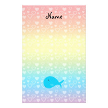 Personalized name whale rainbow hearts stationery design