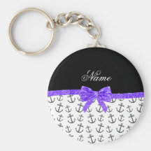 Personalized name white anchors purple glitter bow key chain