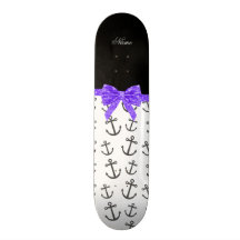 Personalized name white anchors purple glitter bow skateboard decks
