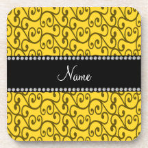 Personalized name yellow swirls beverage coasters