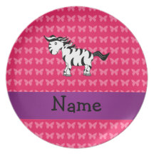 Personalized name zebra pink butterflies plate