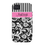 Personalized Pink, Black, White Striped Damask iPhone 4 Covers