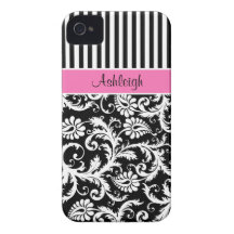 Personalized Pink, Black, White Striped Damask iPhone 4 Case