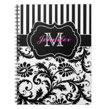Personalized Pink Black White Striped Damask Spiral Notebook