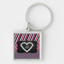 Personalized Purple Striped Diamond Heart Initial Key Chain