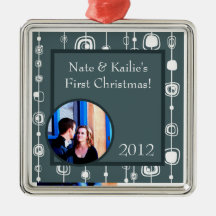 Personalized Retro Blue Squares Christmas Ornament