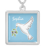 Personalized white peace dove on blue necklace