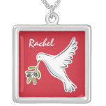Personalized white peace dove on red necklace