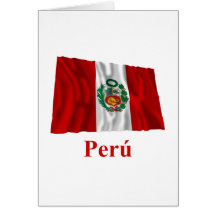 Peru Waving Flag with Name in Spanish Greeting Cards