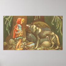 Petit capuchon rouge vintage et loup dans la forêt affiches