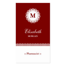Pharmacist Red White Lace Monogram Business Cards