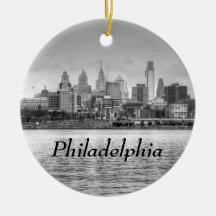 Philadelphia skyline in black and white christmas tree ornament