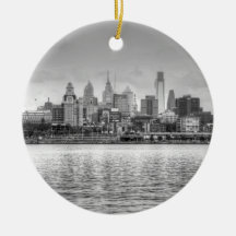 Philadelphia skyline in black and white christmas ornaments