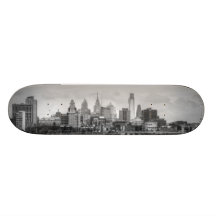 Philadelphia skyline in black and white skate boards