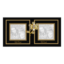 Photo Card Black Gold Flower Double Frame